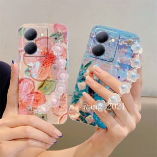 ใหม่ เคสโทรศัพท์มือถือนิ่ม ลายภาพวาดสีน้ํามัน รูปดอกไม้ ประดับพลอยเทียม พรีเมี่ยม สไตล์วินเทจ พร้อมสร้อยข้อมือ สําหรับ VIVO Y36 4G 5G Y02T Y02A Y36 5G