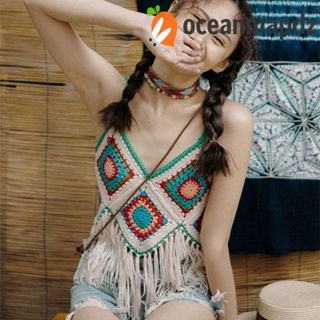 OCEANMAPDZ เสื้อกั๊ก สายเดี่ยว ประดับพู่ สไตล์โบฮีเมียนเรโทร หรูหรา สําหรับท่องเที่ยว