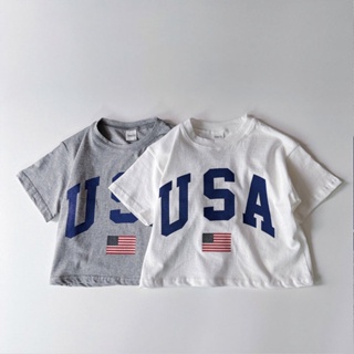 เสื้อยืดแขนสั้นลําลอง ผ้าฝ้าย พิมพ์ลาย USA ขนาดใหญ่ แฟชั่นฤดูร้อน สําหรับเด็กผู้ชาย และเด็กผู้หญิง