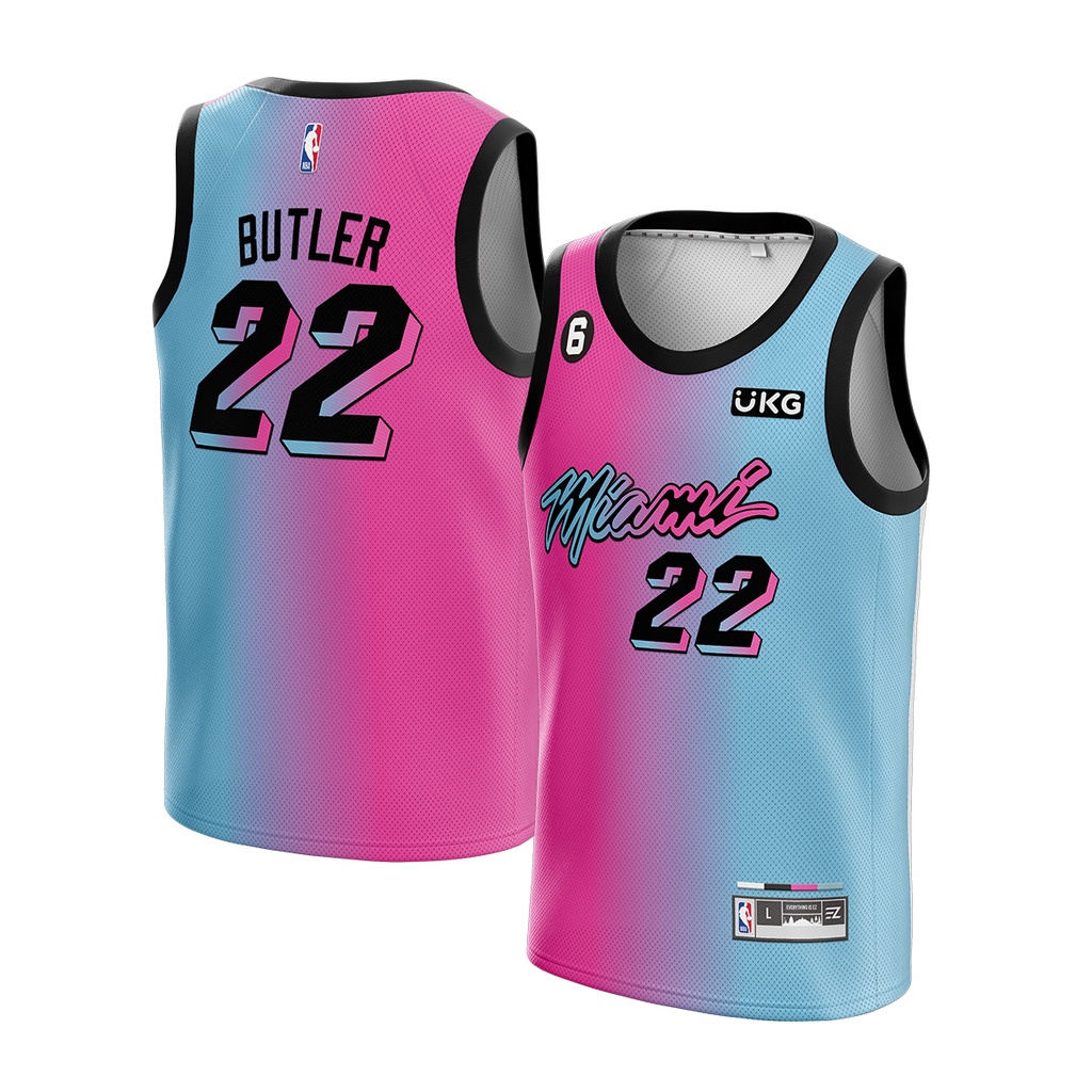 เสื้อกีฬาบาสเก็ตบอล ลายทีม Jersey Jimmy Butler Miami Heat 22 VICE VERSA สีฟ้า สีชมพู