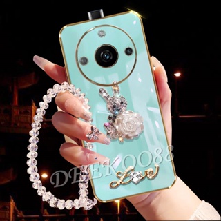 เคสโทรศัพท์มือถือ ลายดอกไม้ กระต่าย ประดับเพชร พร้อมสายคล้องมือ สไตล์อังกฤษ สําหรับ Realme 11 Pro+Plus 5G C53 NFC GT NEO5 SE 4G Realme11 11Pro 2023