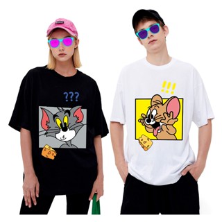 Tom and Jerry เสื้อ ทรงหลวม พิมพ์ลายการ์ตูน เสื้อยืดผู้หญิงผู้ชาย cotton แขนสั้นคอกลม ทอมแอนด์เจอร์รี แฟชั่นคู่รัก