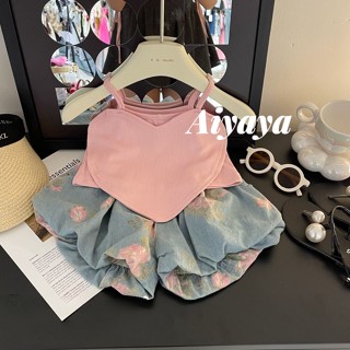 Aiyaya เสื้อผ้าเด็กผู้หญิง ชุดเซ็ทเด็ก เสื้อกั๊กสีชมพู+กางเกงขาสั้น  2 ชิ้น (647)