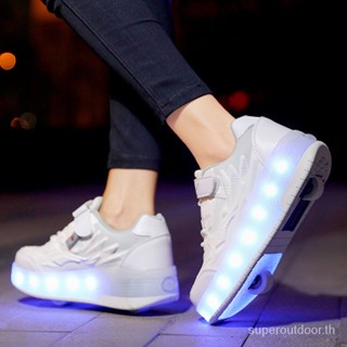 พร้อมส่ง รองเท้าผ้าใบ รองเท้าโรลเลอร์สเก็ต แบบหนัง เรืองแสง LED 28-40 UEFK สําหรับเด็ก ผู้ปกครอง และเด็ก