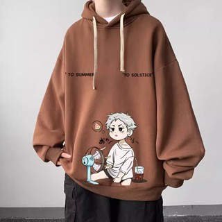 Fashionsun (🔥พร้อมส่ง🔥) ⚜️เสื้อฮู้ด Oversize🏆เสื้อกันหนาวแขนยาวลําลอง มีฮู้ด ผ้ากํามะหยี่ แบบหนา พิมพ์ลายการ์ตูนอนิเมะ สีน้ําตาล แฟชั่นคู่รัก สําหรับผู้ชาย และผู้หญิง