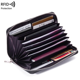 กระเป๋าคลัทช์ RFID หนังวัว อเนกประสงค์ จุของได้เยอะ แต่งซิป ใบยาว สําหรับใส่หนังสือเดินทาง เอกสาร