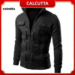 [calcutta] เสื้อแจ็กเก็ตแขนยาว คอปก มีซิป เข้ารูป พลัสไซซ์ สีพื้น สําหรับผู้ชาย