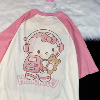 SANRIO เสื้อยืดแขนสั้น พิมพ์ลายการ์ตูน Hello Kitty Cinnamoroll น่ารัก ทรงหลวม เข้ากับทุกการแต่งกาย สําหรับเด็กผู้หญิง