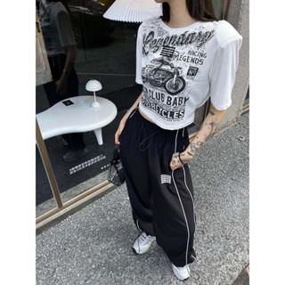 WMHN Alexander Wang @ 23 spring and summer new American street style motorcycle pattern printed shoulder rope design short slim T-shirt