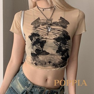 Poppia- เสื้อยืดซีทรู แขนสั้น คอกลม พิมพ์ลายผีเสื้อ สําหรับผู้หญิง