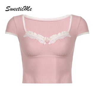 Sweeticme เสื้อยืดลําลอง แขนสั้น คอสี่เหลี่ยม แต่งลูกไม้ สีตัดกัน เซ็กซี่ แฟชั่นสําหรับสตรี 2023