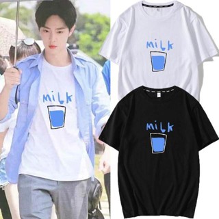 [S-5XL]【New】{vo}แขนสั้น เสื้อยืดชาย หญิงXiao Zhan Wang Yibo Contrast Loose MILK Top Clothes StudentsT-Shirt