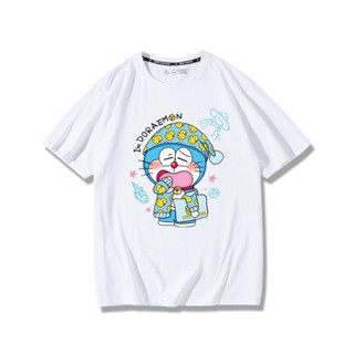 การ์ตูน Doraemon เสื้อยืดอะนิเมะชายและหญิงอินเทรนผ้าฝ้ายแท้การ์ตูนอะนิเมะโดราเอมอนโดราเอมอนเสื้อยืดแขนสั้น ชุดคู่