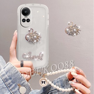 เคสโทรศัพท์มือถือนิ่ม ลายหงส์ 3D วิบวับ พร้อมสายคล้องมือ ประดับมุก และสายคล้องมือ สําหรับ OPPO Reno10Pro+ Reno10 Pro Plus Reno8 T Z Pro+ 5G 4G Reno 10 10Pro 8T