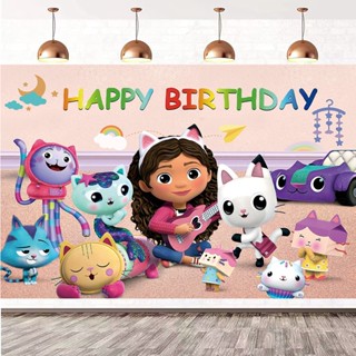 ใหม่ ภาพพื้นหลัง ลาย Gabbys Happy Birthday ขนาด 125x80 ซม. สําหรับตกแต่งบ้านตุ๊กตา ปาร์ตี้วันเกิด