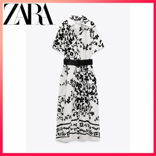 Zara ใหม่ ชุดเดรสเชิ้ต ผ้าลินิน พิมพ์ลาย สําหรับผู้หญิง