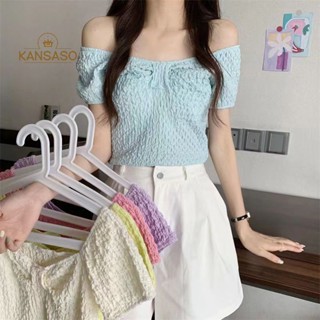 Kans เสื้อครอปท็อป คอวี แขนสั้น จับจีบ สีพื้น เซ็กซี่ ฤดูร้อน สําหรับผู้หญิง TH