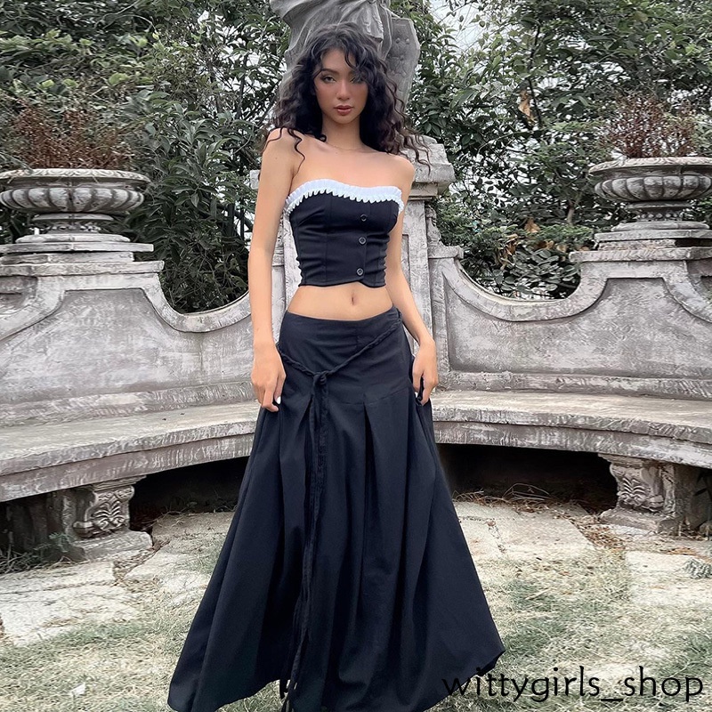 Wittygirls_shop | เสื้อเกาะอก ผ้าลูกไม้ เข้ารูป สีพื้น แฟชั่นฤดูร้อน สําหรับผู้หญิง