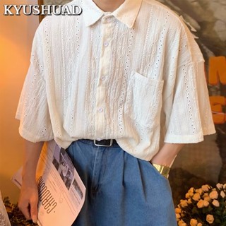 KYUSHUAD ขี้เกียจใหม่เยาวชนที่เรียบง่ายยอดนิยมฮาราจูกุแขนสั้นคอสี่เหลี่ยมท็อปส์ซูเสื้อตรงสีทึบอินเทรนด์มาตรฐานอินเทรนด์ทั้งหมด