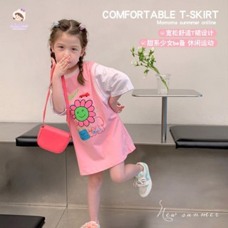 🧁Jelly Baby🍫เสื้อยืดกระโปรง ผ้าฝ้าย พิมพ์ลายดอกทานตะวัน สีชมพู แฟชั่นฤดูร้อน สําหรับเด็กผู้หญิงวัยกลางคน และเด็กโต