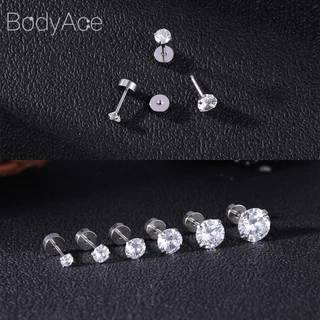 Bodyace 1 ชิ้น 3-8 มม. คริสตัล สกรู แบน ด้านหลัง ต่างหูสเตนเลส กระดูกอ่อน ต่างหูสตั๊ด ดอกไม้ ดาว หัวใจ ต่างหูสตั๊ด