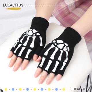 Eutus ถุงมือถักนิตติ้ง แบบครึ่งนิ้ว กันลื่น ให้ความอบอุ่น สําหรับออกกําลังกาย ขี่จักรยาน ฮาโลวีน 2 คู่