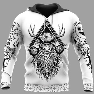 เสื้อกันหนาว มีฮู้ด ลาย Viking 3D Odin Raven And Yggdrasil