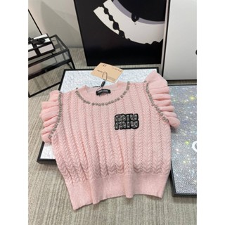 OANE MIU MIU 2023 spring and summer new letter nail drill decorative design hollow-out lace sleeve knitted vest short fashion all-match