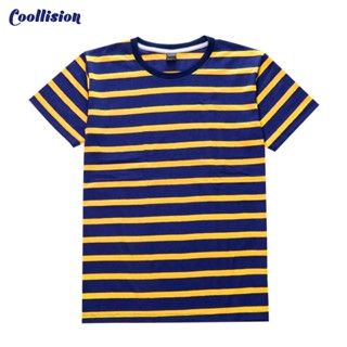 #Coollision-(minibig)-เสื้อลายทาง พื้นสีกรมท่าเเถบสีเหลือง เสื้อยืดลายทางแขนสั้นคอกลม unisex ผ้าไม่ลื่น ฝ้าย สีไม่ตก
