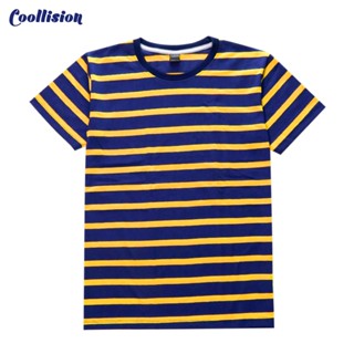 #Coollision-(minibig)-เสื้อลายทาง พื้นสีกรมท่าเเถบสีเหลือง เสื้อยืดลายทางแขนสั้นคอกลม unisex ผ้าไม่ลื่น ฝ้าย สีไม่ตก