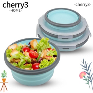 Cherry3 กล่องอาหารกลางวัน ซิลิโคน ทรงกลม พับได้ พร้อมฝาปิด แบบพกพา สําหรับไมโครเวฟ สลัด