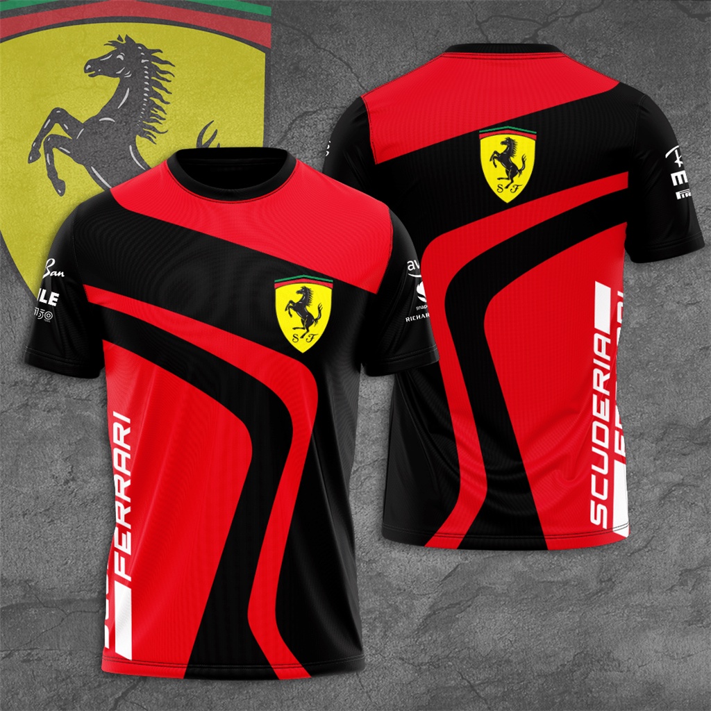 ใหม่ เสื้อยืดแขนสั้น พิมพ์ลายทีมแข่งรถ F1 Scuderia Ferrari แฟชั่นฤดูร้อน สําหรับเด็กผู้ชาย