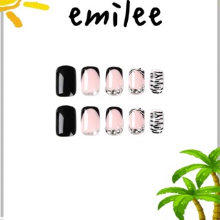 Emilee เล็บปลอม ถอดออกได้ เล็บกดบนเล็บ ที่สวมใส่ได้ พร้อมแถบสีดํา แวววาว สดใส สไตล์ฝรั่งเศส