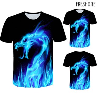 [FS] เสื้อยืดคอกลม แขนสั้น พิมพ์ลายมังกรเปลวไฟ 3D สีฟ้า แฟชั่นฤดูร้อน สําหรับผู้ชาย