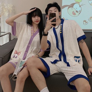 ชุดนอน เสื้อคาร์ดิแกนแขนยาว คอวี แบบบาง ลายการ์ตูนน่ารัก แฟชั่นฤดูร้อน สําหรับเด็กผู้หญิง และคู่รัก