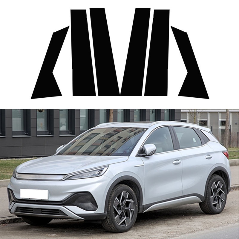 6 ชิ้นสีดํารถหน้าต่างเสากลางโพสต์ Fit สําหรับ 2022-2023 BYD Atto 3 และ Yuan Plus สติกเกอร์ Trim ประต