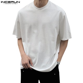 Incerun เสื้อยืดแขนสั้น สีพื้น วาฟเฟิล สําหรับผู้ชาย