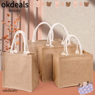 Okdeals กระเป๋าผ้ากระสอบ ผ้าลินินเทียม เพ้นท์มือ เป็นมิตรกับสิ่งแวดล้อม แบบพกพา สไตล์วินเทจ สําหรับผู้หญิง DIY