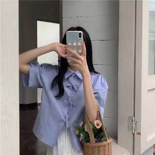 Rommers เสื้อเชิ้ต แขนสั้น สีขาว วินเทจ ผูกเชือก แขนพอง เสื้อแขนสั้น