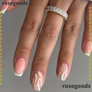 Rosegoods1 เล็บปลอมแฟชั่น ยาว หยักได้ สไตล์ฝรั่งเศส ถอดออกได้ DIY