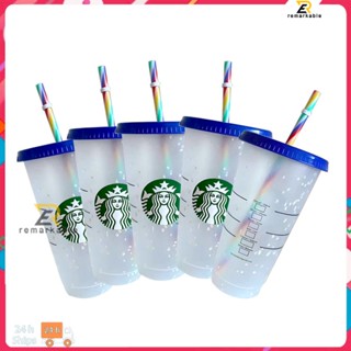 Ready stock 710ml/24oz Starbucks Rainbow Suffering Cup Paper Deduades Change Cold Drunk Discolor Plastic Cup 5set Common For Men Women เด่น_th