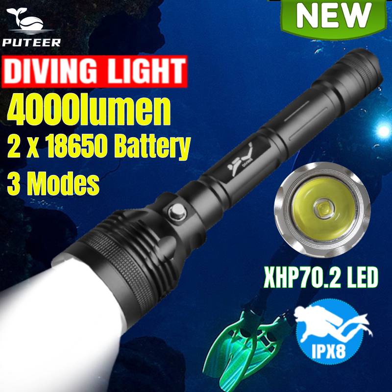 Puteer ไฟฉายดําน้ํา D50 4000lm XHP70.2 LED 80 ม. IPX8 กันน้ํา 3 โหมดไฟ สําหรับดําน้ําลึก