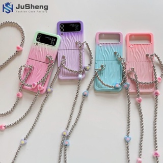 Jusheng เคสโทรศัพท์มือถือ PC แบบแข็ง แต่งกลิตเตอร์ไล่โทนสี พร้อมสายโซ่คล้อง สําหรับ Samsung Z Flip4 Z Flip3