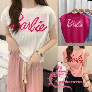 Fashionme- เสื้อยืด คอกลม แขนกุด ผ้าถัก พิมพ์ลายตัวอักษร ทรงหลวม สําหรับผู้หญิง