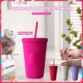 Ready stock 473ml/16oz Reusable Straw Cup Small Durian Series Diamond Water Cup 2 Layer Plastic Water Cup ไม่จำกัดเพศ โดดเด่น_th