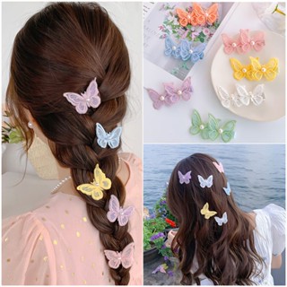 Colorful embroidered butterfly hairpin tulle super immortal sweet girl side clip headgear Korean hairpin duck bill clip