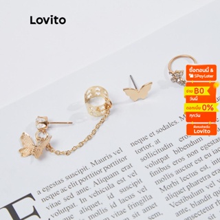 Lovito 3 ชิ้น ต่างหู ผีเสื้อ โซ่ ประดับไรน์สโตน สไตล์ลำลอง L18M138 (สีทอง)