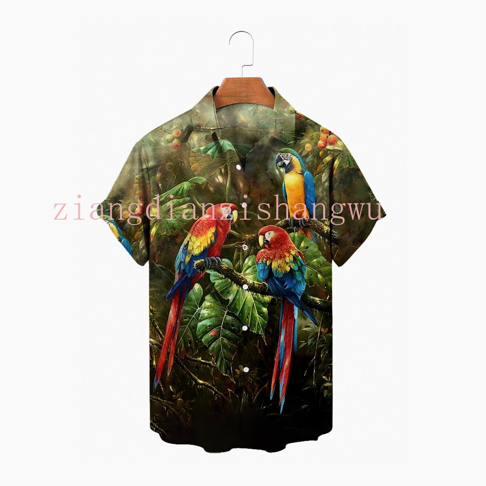 เสื้อเชิ้ตแขนสั้น คอปก พิมพ์ลายนกแก้ว แฟชั่นฤดูร้อน สไตล์ฮาวาย สําหรับผู้ชาย – โปรปัง