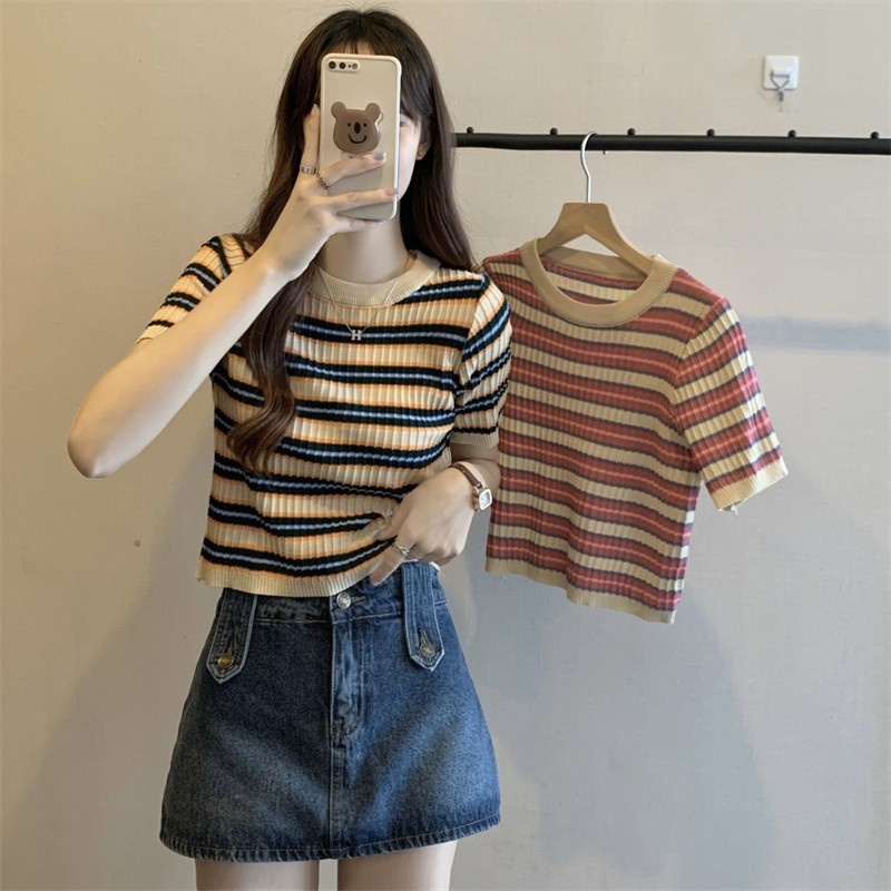 Pudding ~พร้อมส่ง~ "5291" เสื้อครอปไหมพรมคอกลทลายทาง โคเรียเกาหลีสุด