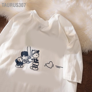 Taurus307 เสื้อคอกลมวินเทจพิมพ์ลายการ์ตูน Unisex เสื้อเชิ้ตแขนสั้นทรงหลวมสำหรับคู่รัก